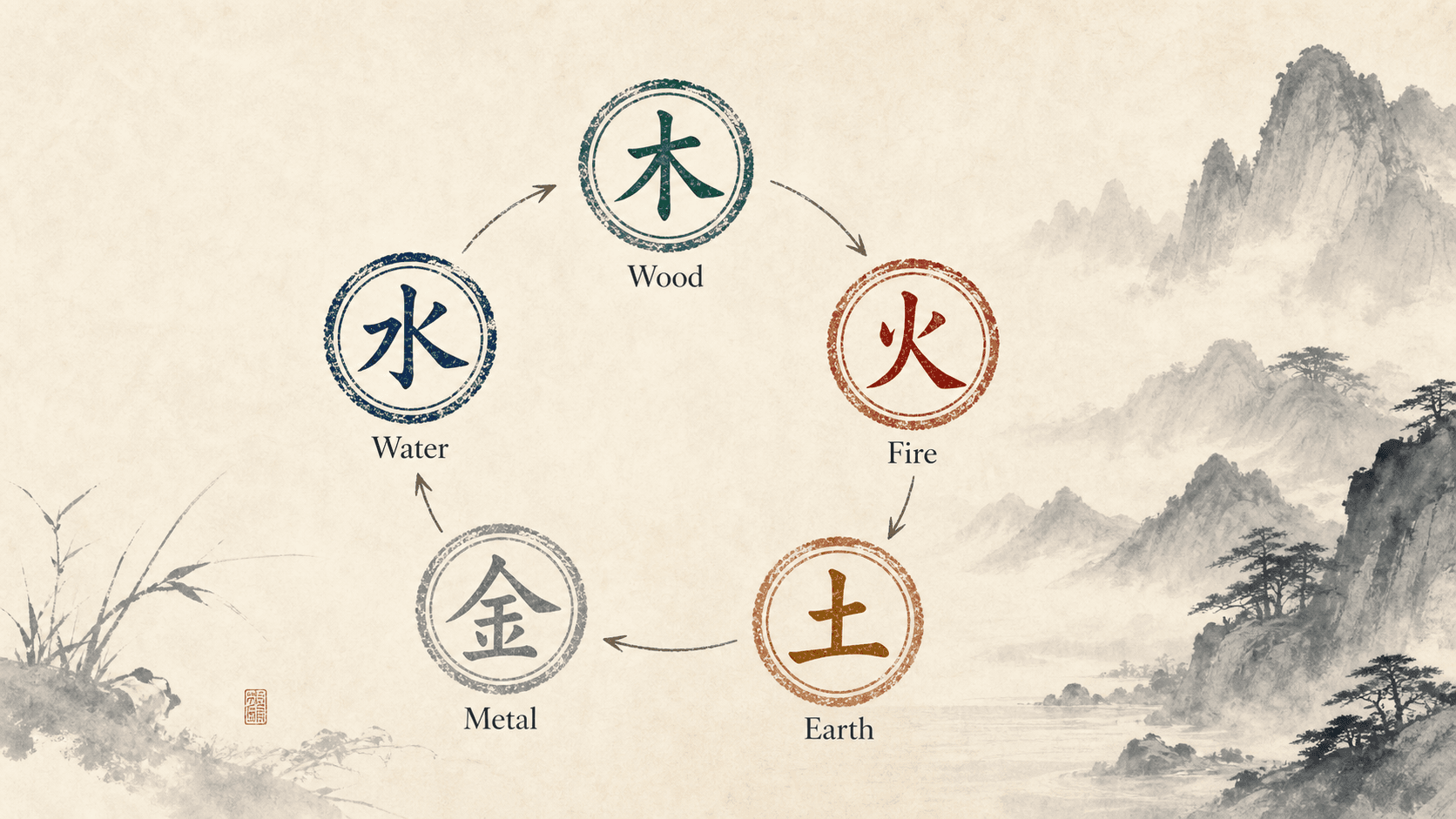 The Five Elements cycle: Wood, Fire, Earth, Metal, and Water